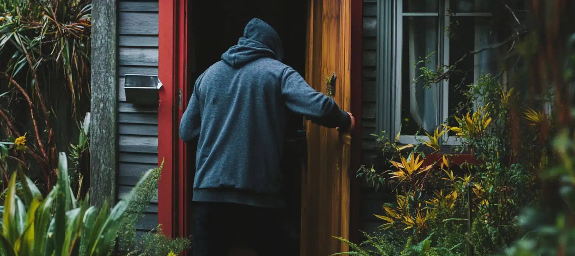 Burglaries NZ - A thief walking through the front door of a rural home